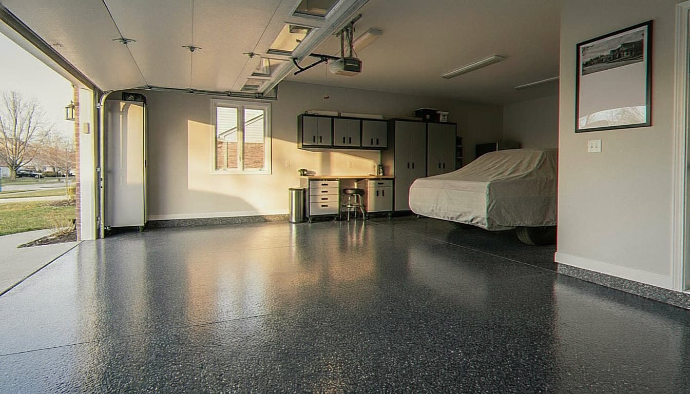 Glassy garage floor epoxy with charcoal flake.